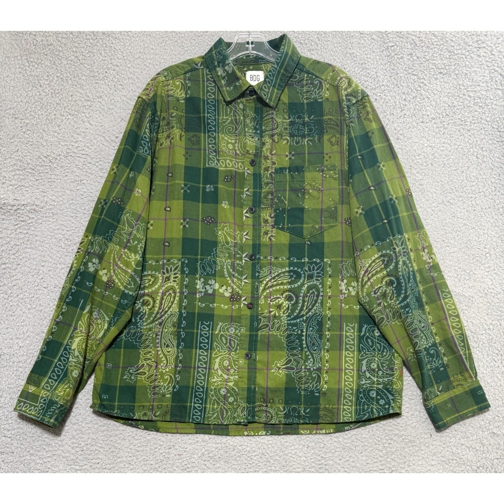 BDG Urban Outfitters Plaid & Paisley long sleeve button shirt mens Large Green